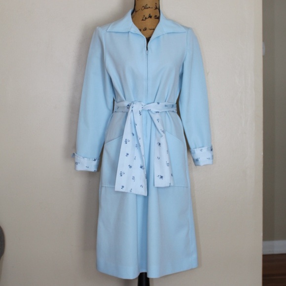 Vtg 60s Country Miss Blue Polyester Long Sleeve Midi Shift Dress Belt Women's M - Picture 1 of 16